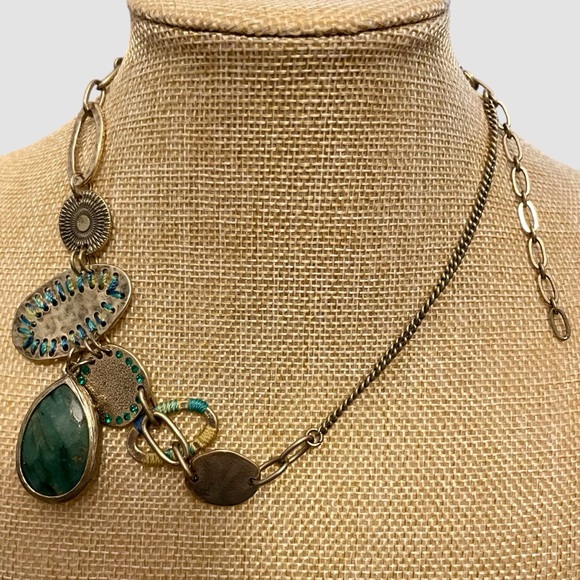 Vintage The Bohm Necklace Green Stone Pendant Gold Tone Mixed Metal Statement - Picture 3 of 5